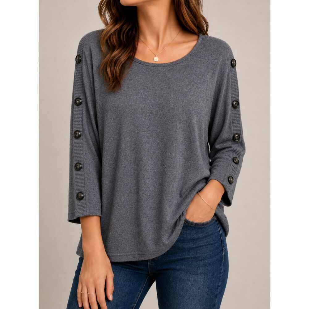 Fortune + Ivy XL Gray‎ Button Sleeve Knit Top Soft Stretch 3/4 Sleeve Blouse